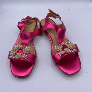 NUYG Pink T-Strap Sandals Open Toe Stacked Kitten Heel Strappy Rhinestones Shoes